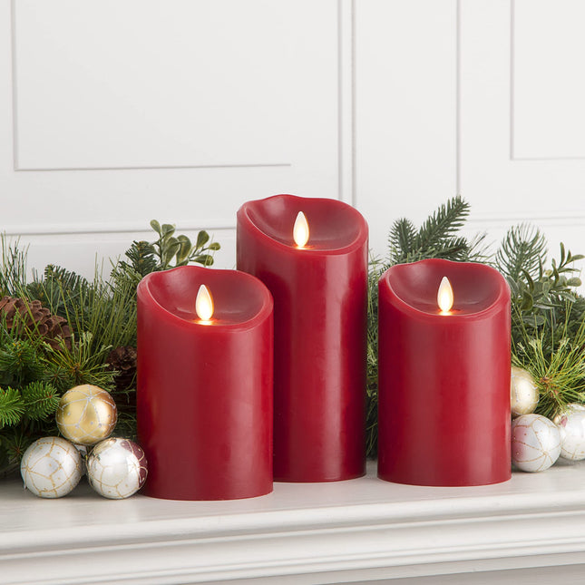 Luminara Realistic Artificial Moving Flame Pillar Candles - Set of 3 - Melted Top Edge, LED Battery Operated Lights - Unscented - Remote Included- 3" x 4.5", 3" x 5.5", 3" x 6.5" (Burgundy)
