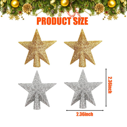 4 Pcs Mini Star Christmas Tree Topper 2.36 Inch Glitter Gold Silver Small Christmas Star Tree Topper for Xmas Holiday Tree Ornament Home Decor