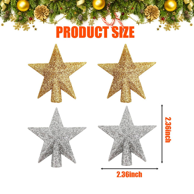 4 Pcs Mini Star Christmas Tree Topper 2.36 Inch Glitter Gold Silver Small Christmas Star Tree Topper for Xmas Holiday Tree Ornament Home Decor