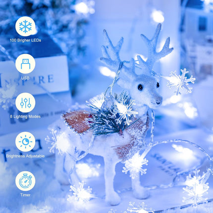 39.6 Ft Christmas Snowflake String Lights, 100 Led Snowflakes Lights 8 Lighting Modes Timing USB Fairy Lights Remote Waterproof Connectable for Holiday Indoor Outdoor Christmas Decorations