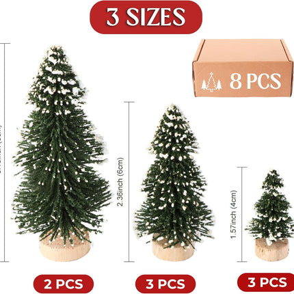 8Psc Mini Christmas Tree Bottle Brush Trees - Flocked Artificial Christmas Trees with Wooden Base for Christmas Decorations - Small Christmas Decor for Christmas Party Craft & Home Decor (Blue-Green)