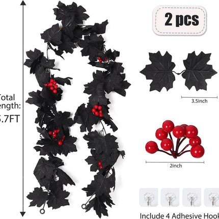 Black Maple Leaf Garland, Red Berry Garland, Black Berry Garland Fall Decor Artificial Fall Garland Halloween Black Garlands for Thanksgiving Home Fireplace Dinner Autumn Party Decoration(Red Berry)