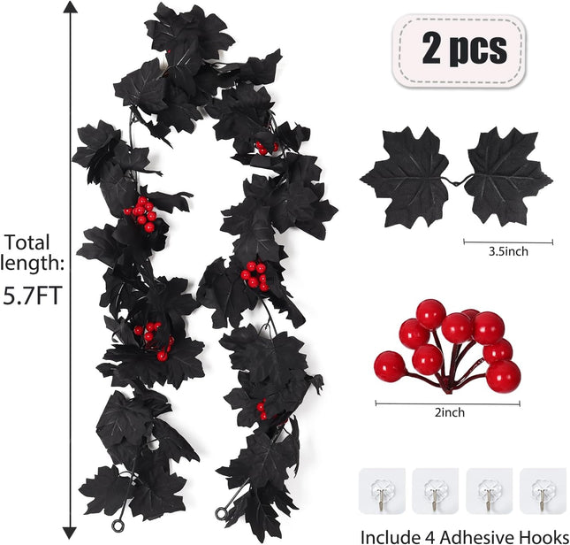 Black Maple Leaf Garland, Red Berry Garland, Black Berry Garland Fall Decor Artificial Fall Garland Halloween Black Garlands for Thanksgiving Home Fireplace Dinner Autumn Party Decoration(Red Berry)
