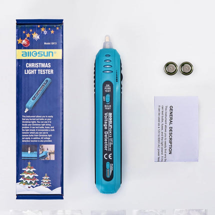 allsun Christmas Light String Tester Non Contact Voltage Finder Meter Light Bulb&Fuse Checker Gun 12-600 V AC Mini Light Repairing Tool, NOT Suitable LED Light String, Blue