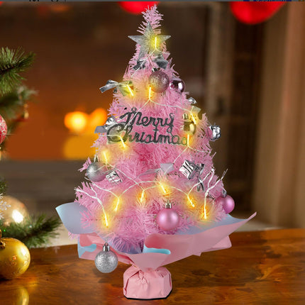 Pink Tabletop Christmas Tree with Lights, 24inch/2ft Mini Pink Christmas Tree, Pink Tabletop Christmas Tree with Star Treetop, Bow Boxes and Ball Ornaments for DIY Christmas Decoration