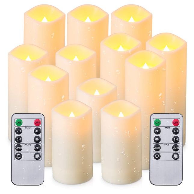 Waterproof Flickering Flameless Candles, Set of 12 Battery Operated Candles (D2.2'' x H4''5''6''7"), Outdoor Indoor Candles with 10-Key Timer Remote, Long Lasting