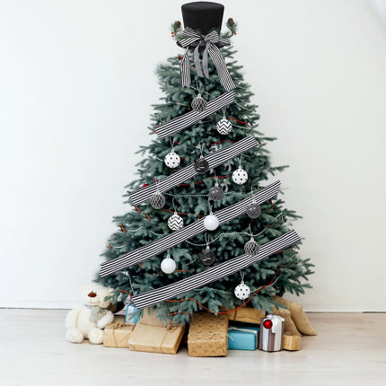 Liliful 33 Pcs Christmas Tree Decoration Set Striped Christmas Tree Skirt Christmas Tree Topper Hat with Bows White and Black Christmas Balls Xmas Ribbons for Xmas Holiday Wedding Party Decorations
