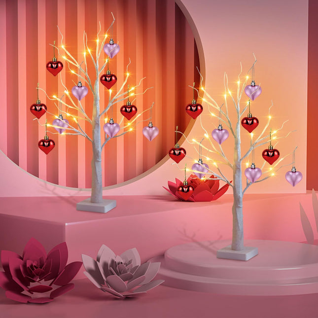Valentines Day Decorations 24 Inch Lighted Birch Tree with 10pcs Red Pink Heart Hanging Ornaments, Battery Powered Valentine Tree with 24 LED Lights for Home Indoor Party Wedding Decor (2 Pack)