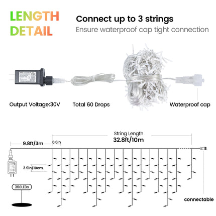 Hopolon 33FT 360L LED Christmas Icicle Lights Outdoor Waterproof,8 Modes Plug in Curtain String Lights with 60 Drops,Christmas Lights for Wedding,Party,Bedroom,Garden,Home,Wall Decorations(Red Green)