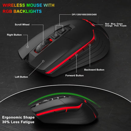 Wireless Gaming Keyboard and Mouse, Rechargeable Rainbow Backlit Wireless Keyboard and Ergonomic Light Up Mouse Combo for Windows, Mac, PC, Laptop
