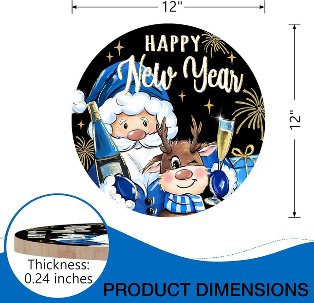 Deroro Happy Year Black Golden Front Door Sign, Blue Santa Claus Elk Wood Door Hanger Outdoor Outside Porch Decor, Firework Christmas Holiday Party Wooden Wreath Indoor Wall Hanging Decoration