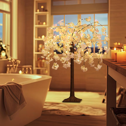 OUSHENG Lighted Cherry Blossom Tree LED Artificial Trees for Decoration Inside, Light up Tree with Faux Flower for Home Patio Wedding Party Festival Christmas Decor, Warm White, 4FT