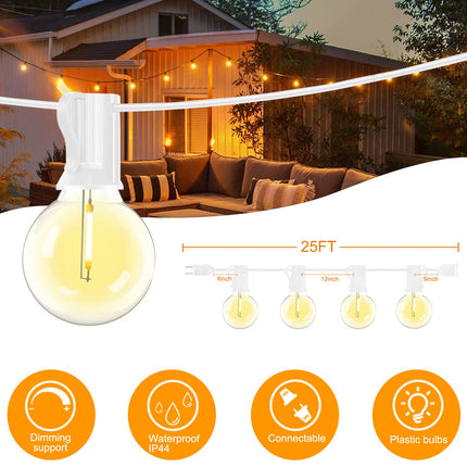 Abeja 25Ft LED Outdoor String Lights, Patio Globe String Lights with 27 Shatterproof LED Clear Bulbs(2 Spare), Hanging Patio String Lights for Backyard Decor Bistro Party Yard Decor- White Wire