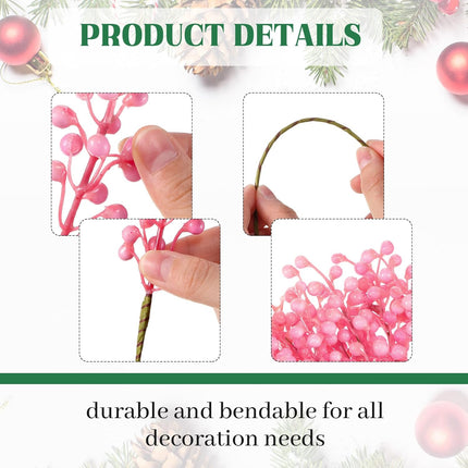 24 Pack Christmas Berry Stems 14 Inch Artificial Berry Picks Xmas Holly Berry Stem Branches for Christmas Tree Ornament Wreath Vase DIY Craft Christmas Home Decor(Pink)
