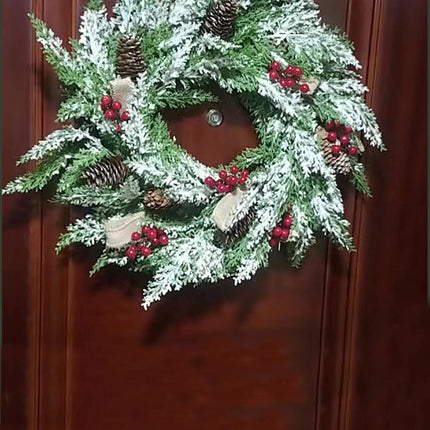 2 Pack Christmas Wreath 23”, Winter Wreaths for Front Door with Pinecones, Red Berries, Burlap Ribbon & Snowflake, Artificial Outdoor Holiday Door Decorations with 2 Wreath Hangers