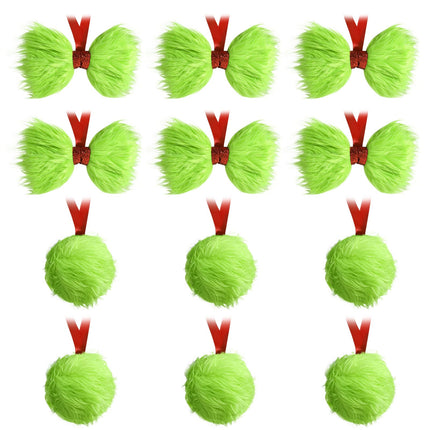 Christmas Decorations Indoor: 12pcs Green Plush Faux Fur Christmas Tree Ornaments, Fluffy Grinchmas Hanging Bows Xmas Ball Ornaments for Tree Garland Fireplace, Home School Office Décor