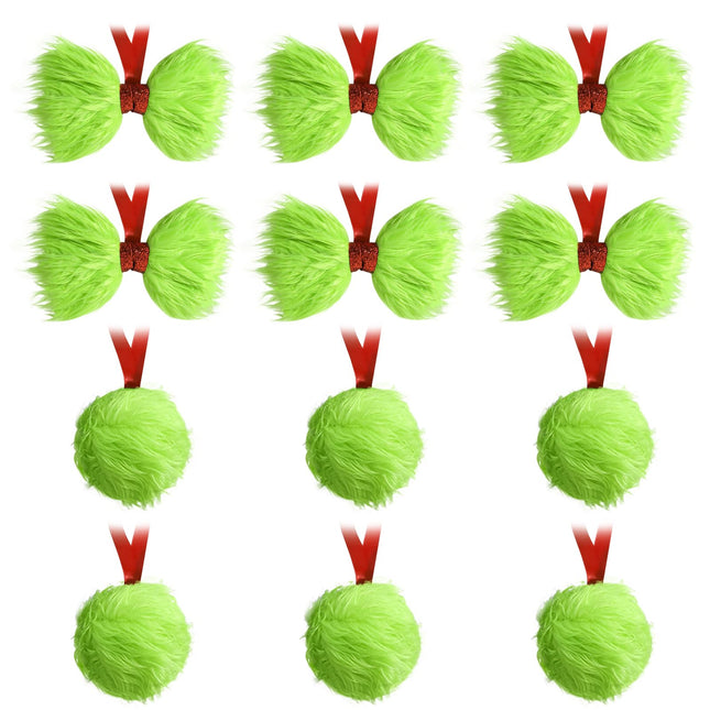 Christmas Decorations Indoor: 12pcs Green Plush Faux Fur Christmas Tree Ornaments, Fluffy Grinchmas Hanging Bows Xmas Ball Ornaments for Tree Garland Fireplace, Home School Office Décor