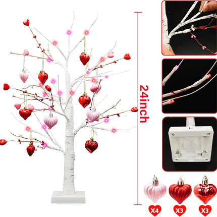 [Red Pink Lights & Timer] Valentines Day 24 Inch Birch Tree Decor with 10 DIY Heart Ornaments 24 Red Pink LED Lights Battery Operated Valentine's Day Decorations for Home Tabletop Party Wedding