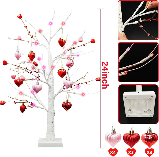[Red Pink Lights & Timer] Valentines Day 24 Inch Birch Tree Decor with 10 DIY Heart Ornaments 24 Red Pink LED Lights Battery Operated Valentine's Day Decorations for Home Tabletop Party Wedding