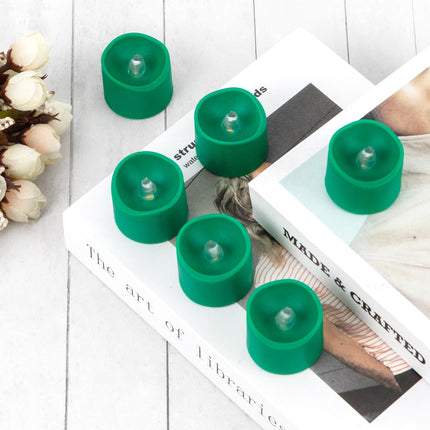Green Base Warm White Flickering Flame Tea Lights, 6H Timer/Curved Edge Design, Battery Operated LED Flameless Tealight Candles for Party, Christmas and Holiday, Pack of 12