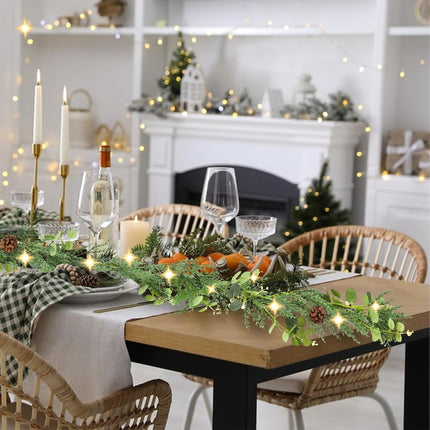 6ft prelit Lighted Christmas Garland with LED Lights,Battery Powered with Pine Cones,Eucalyptus Leaves,Berries, Pine Needles,Christmas Garland for Fireplace Mantle Decorations. (White Berries)