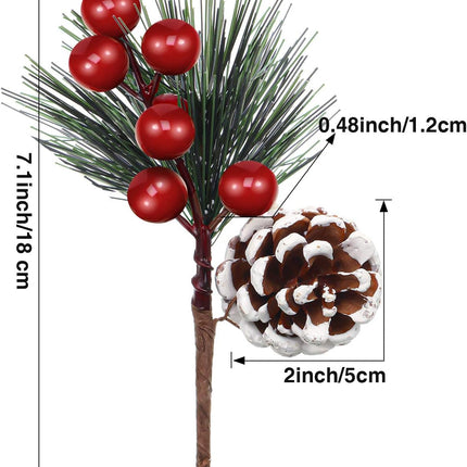 Artificial Pine Pick Artificial Pine Tree Decorations Fake Pinecone Red Berries Branches for Christmas Flower Arrangements Wreaths and Holiday Decorations (20 Pieces)