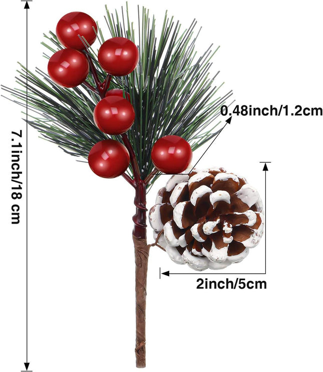 Artificial Pine Pick Artificial Pine Tree Decorations Fake Pinecone Red Berries Branches for Christmas Flower Arrangements Wreaths and Holiday Decorations (20 Pieces)