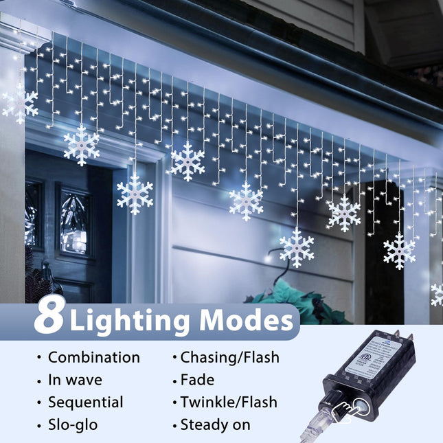 Minetom Snowflake Icicle Lights Outdoor, 20FT 200 LED Icicle Lights with Timer,24 Drops,8 Modes, Connectable Icicle Lights for Outside, Waterproof Icicle Christmas Lights Outdoor Decoration,Pure White