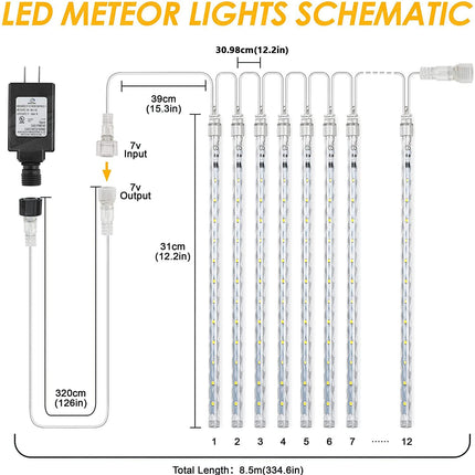 Meteor Shower Rain Lights 12.2 inch 12 Tubes 288 LEDs Christmas Snow Falling Icicle LED String Lights Cascading Lighting for Halloween Wedding Garden Trees Patio Decoration (White)