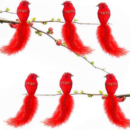 BleSky 6 PCS Red Cardinal Birds with Clip Christmas Tree Decoration Artificial Red Birds with Feathers for Xmas Wedding Winter Theme Decor Wreath Ornaments DIY Crafts