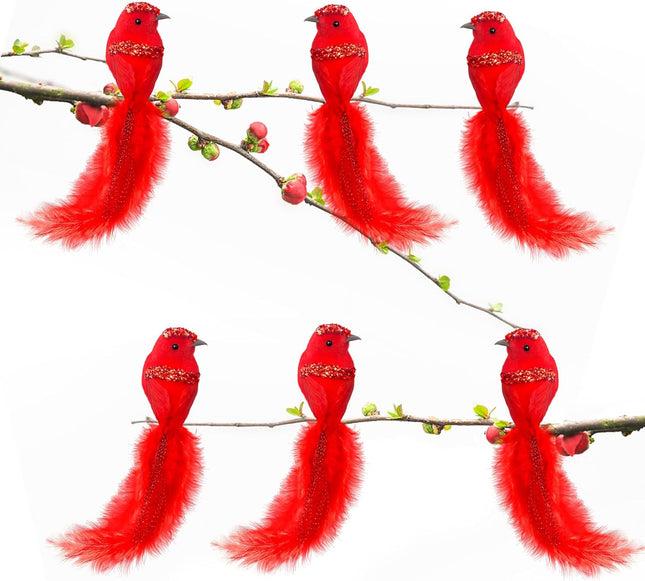BleSky 6 PCS Red Cardinal Birds with Clip Christmas Tree Decoration Artificial Red Birds with Feathers for Xmas Wedding Winter Theme Decor Wreath Ornaments DIY Crafts