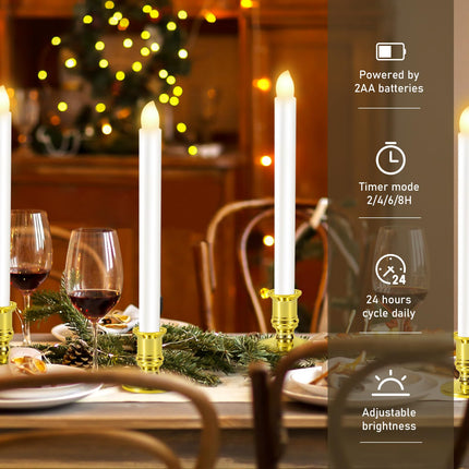 12 Pack Christmas Window Candles, Battery Operated Window Candles with Timer Remote, LED Window Candles with Candle Holders Suction Cups, Flickering Candles for Christmas Decorations, Gold