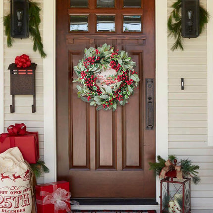Tempus Artificial Christmas Red Berry Wreath, 20 Inch, Holiday Wreath with Wooden Panel, for Front Door, Outdoor, Indoor, Farmhouse Holiday Party, Winter Decorations