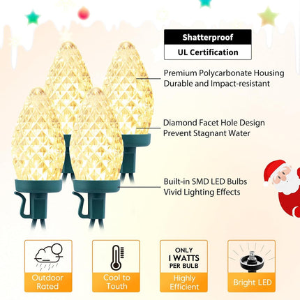 C9 LED Christmas String Lights, 66ft 100 LED Waterproof Strawberry String Lights, Plug-in Extendable Green Wire Lights String for Outdoor Indoor Outside Patio Wedding Party Decoration, Warm White