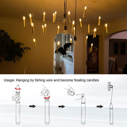 Floating Candles with Wand, 12 Pcs Magic Hanging Candles Flameless, Flickering Warm Light LED Taper Candle with Wand Remote, Battery Operated Window Candle Set for Halloween Witch Wizzard Decors