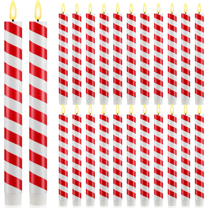 Retisee 24 Pieces Christmas Flameless Taper Candles Bulk Candy Cane Striped LED Candle Stick Battery Operated Taper Candles Flickering Candle Lights for Christmas Candles Decorations (Red and White)