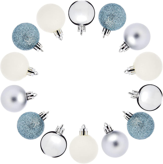 48 Pack Mini Ball Ornaments for Small Christmas Tree, Blue, White, Silver Shatterproof Decorations (1.5 In)