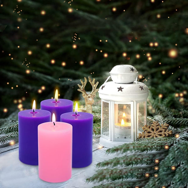 2×3 Inch Advent Pillar Candles, 3 Purple and 1 Pink Seasonal Celebration Candles for Advent Wreath and Christmas Decorations, Long-Lasting Slow-Burning Dripless Candle