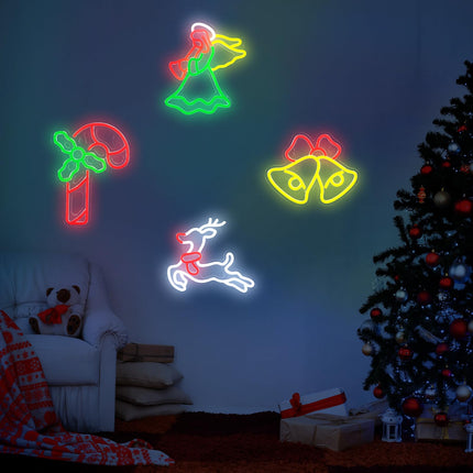 Retisee 4 Pcs Christmas Neon Sign Window Lights Decor, LED Neon Wall Decor, USB Powered Neon Light, Winter Decor for Christmas Party Home Bedroom Office Table Art s, Elk, Bells, Candy
