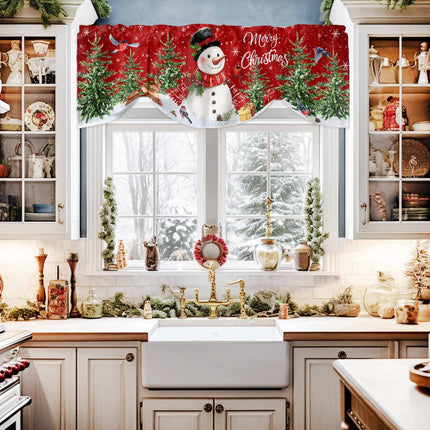 Christmas Tie Up Curtains Valances for Windows, Cute Snowman Xmas Tree Rod Pocket Blackout Balloon Curtain, Rustic Farmhouse Valance Curtains Topper Decor for Bedroom, Cafe - Red 54"x18"