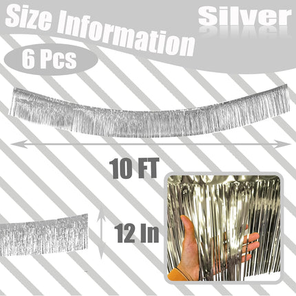 6 Pack 10 Feet Silver Foil Fringe Garland Metallic Tinsel Streamers Banner Wall Hanging Curtain Backdrop Banner for Parade Floats, Valentine's Day, Wedding, Birthday, Mardi Gras Party Decorations