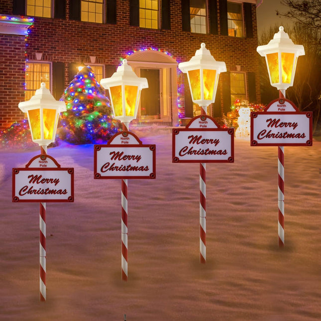 Christmas Solar Pathway Lights Outdoor - 4 Pack Waterproof Flickering Flames Candy Cane Stake Markers Lights, 12 Bright LED for Christmas Patio, Yard, Driveway Decoration （White）