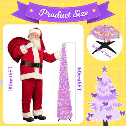OurWarm 5 FT Purple Pop Up Christmas Tree with 60 LED Lights, Tinsel Collapsible Christmas Tree with Sequins, Prelit Artificial Pencil Xmas Tree for Home Room Indoor Outdoor Holiday Party Decoration