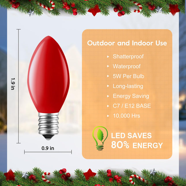 C7 Multi-Color Christmas Replacement Bulbs, C7 E12 Retro Bulbs for Outdoor Indoor Christmas String Lights, Patio, Roof Lighting Decoration, 25 Pack
