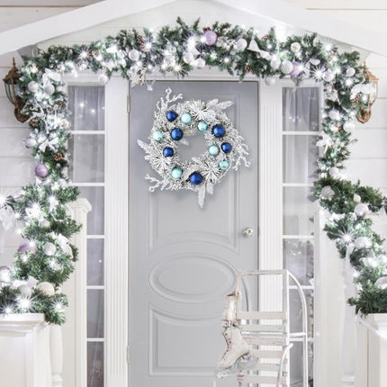 Christmas Wreath Christmas Decorations - 18" Christmas Wreaths for Front Door with Lights, Artificial Snowy Pine Branches Blue Ball Christmas Reef for Home Wall Windows Holiday Xmas Decor