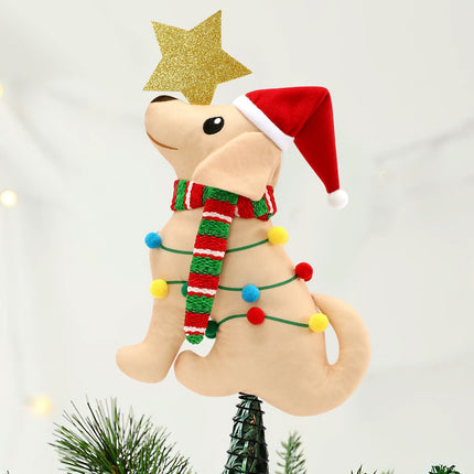 Percozzi Labrador Dog Christmas Tree Topper with Glitter Star,Lights, Scarf Xmas Tree Ornament Puppy Winter Holidays Home Decoration Wreath Attachment Doggie Lover Ideas