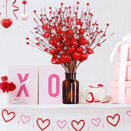 Valentines Day Tree Topper Decorations,6 Pcs Valentine Floral Picks Artificial Flowers with Red Heart and Pink Berry for Galentines Day Tree Ornaments Wedding Holiday Party Home Decor