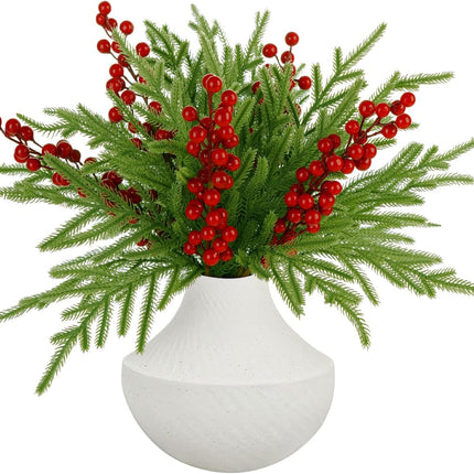 10 Pcs Christmas Norfolk Pine Branches with Red Berry Stems,19 Inch Norfolk Pine Artificial Christmas Branches, Artificial Xmas Branches Plants Pine Leaves for DIY Garland Wreath Home Decoration