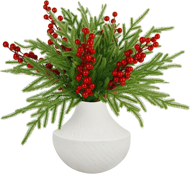10 Pcs Christmas Norfolk Pine Branches with Red Berry Stems,19 Inch Norfolk Pine Artificial Christmas Branches, Artificial Xmas Branches Plants Pine Leaves for DIY Garland Wreath Home Decoration