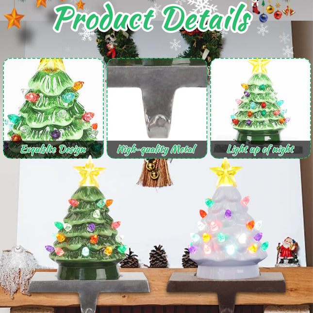 Christmas Ceramic Tree Stocking Holders with LED Lights - 4 Pack Green and White Christmas Tree Stocking Hangers for Mantle, Fireplace, Window Decoration